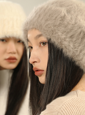 Classy key新加坡设计师联名款秋冬兔毛毛线帽女白色大头围针织帽