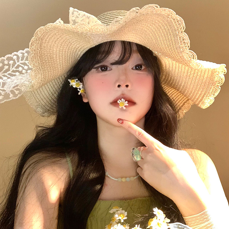 Classy key新加坡设计师联名款显脸小遮阳防晒帽子蕾丝蝴蝶结草帽