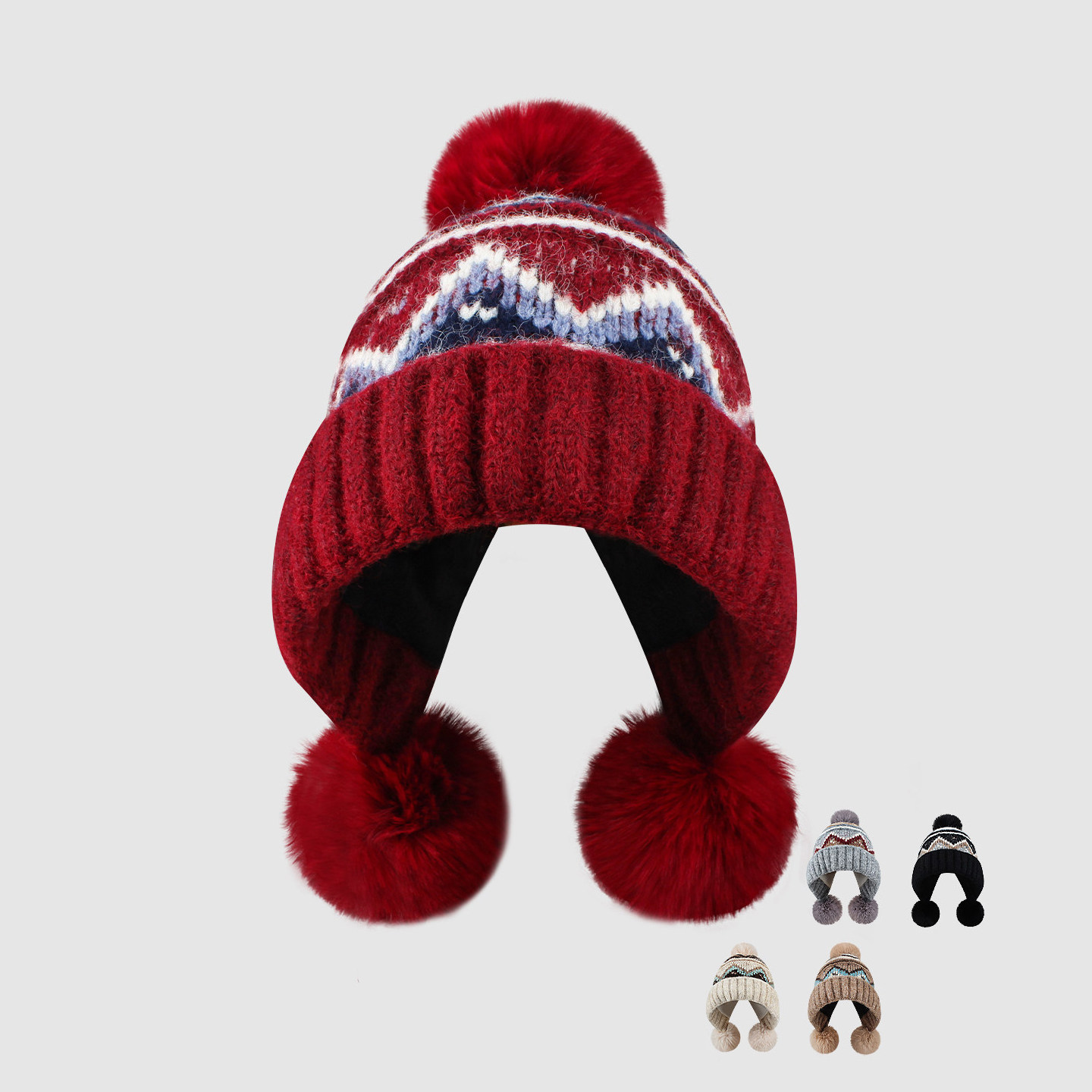 Classy key新加坡设计师联名款费尔岛风针织帽护耳保暖毛球