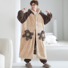 珊瑚绒睡衣男士秋冬季加厚加绒保暖卡通罗小黑睡袍长款男生家居服