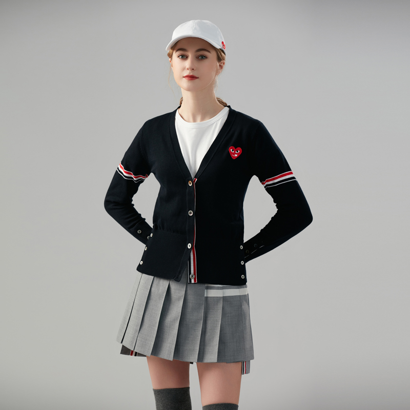 CDG PLAY女士开衫毛衣2023新款TB双袖门襟彩条V领修身针织衫潮牌