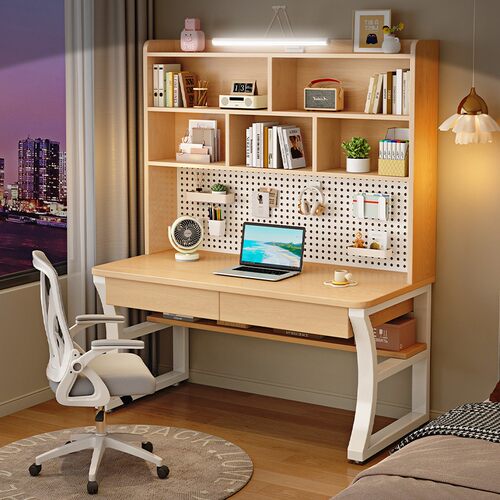 书桌书架一体桌，洞洞板电脑桌