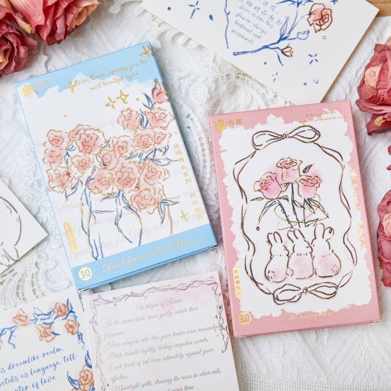 玫瑰赠礼系列明信片30张手绘插画植物玫瑰花婚礼主持卡片手持提词卡墙贴装饰背景墙装扮文创礼物七夕情人节