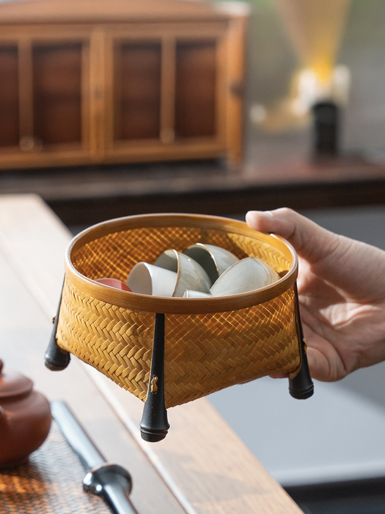 竹编大漆筐茶具篮家用水果篮点心篮手工编织中式茶点收纳盒置物筐