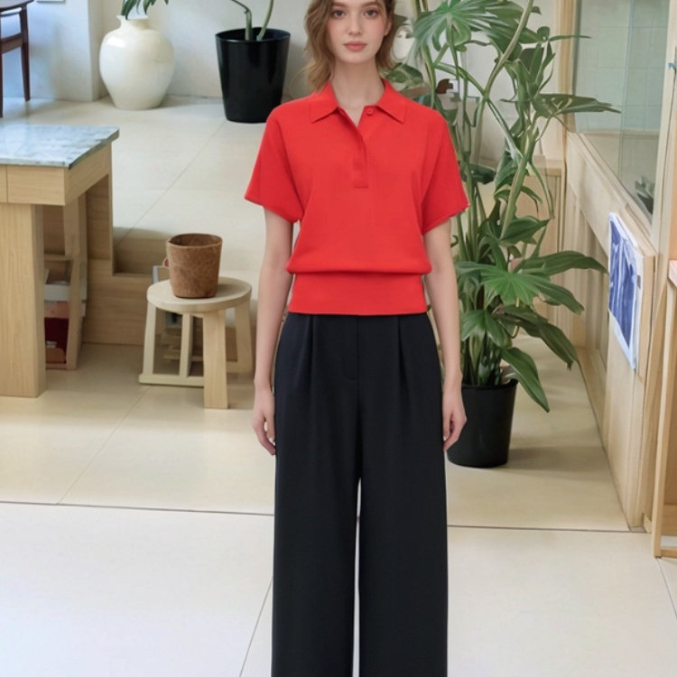 CO版S型女装蝙蝠袖针织POLO衫红色2025春季新品1175534008