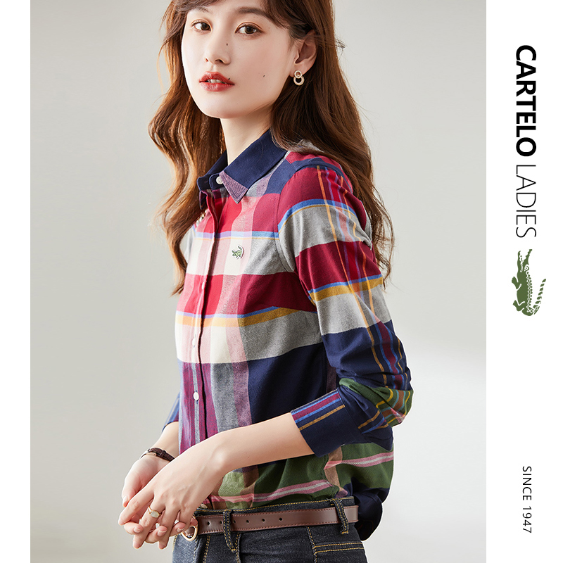 鳄鱼格子磨毛衬衫女长袖春秋英伦风休闲上衣通勤职业商务女士衬衣