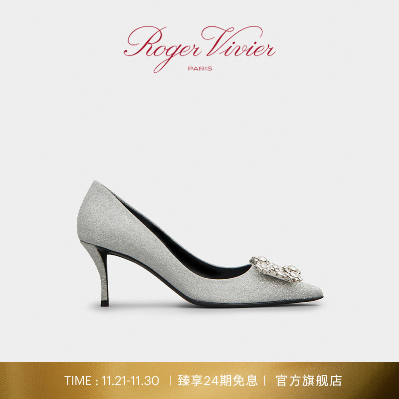 sin经典钻扣尖头闪光织物女鞋