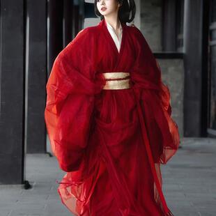 中国风直裾侠女拍照仙气套装 红色汉服复原战国袍春秋飘逸长款 古装