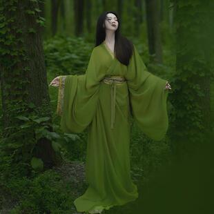 绿色战国袍汉服2025新款 女交领舞蹈演出服2024 复原直裾清冷系古装