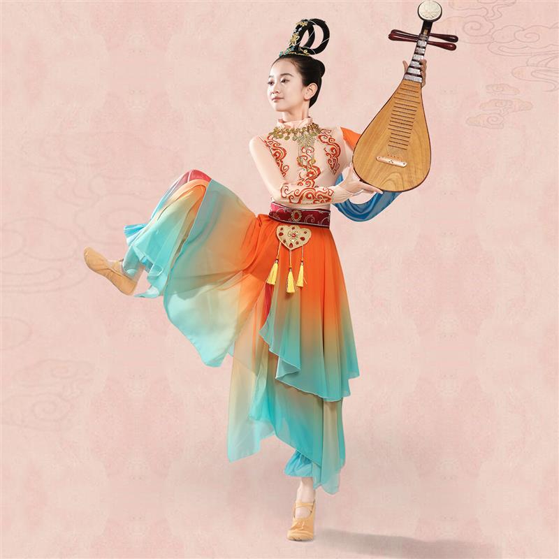 敦煌飞天汉服女童丝路升莲舞蹈服敦煌元素表演服儿童琵琶演出服装