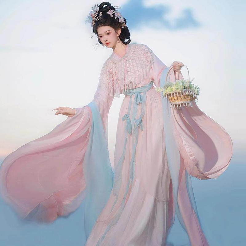 魏晋风汉服女绝美粉色仙气飘飘2025新款中国风古装直裾大袖衫套装