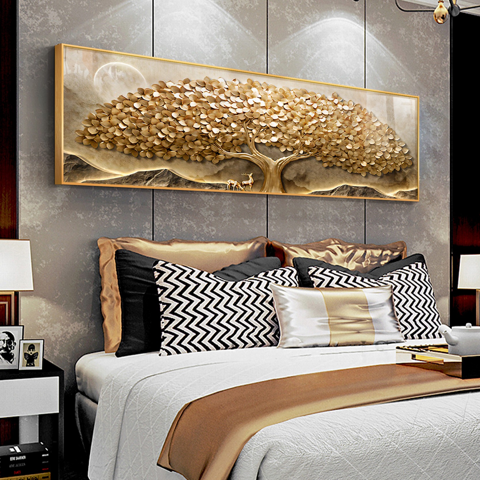 美式主卧室床头背景墙面挂画发财树客厅现代轻奢高级感装饰画抽象图片