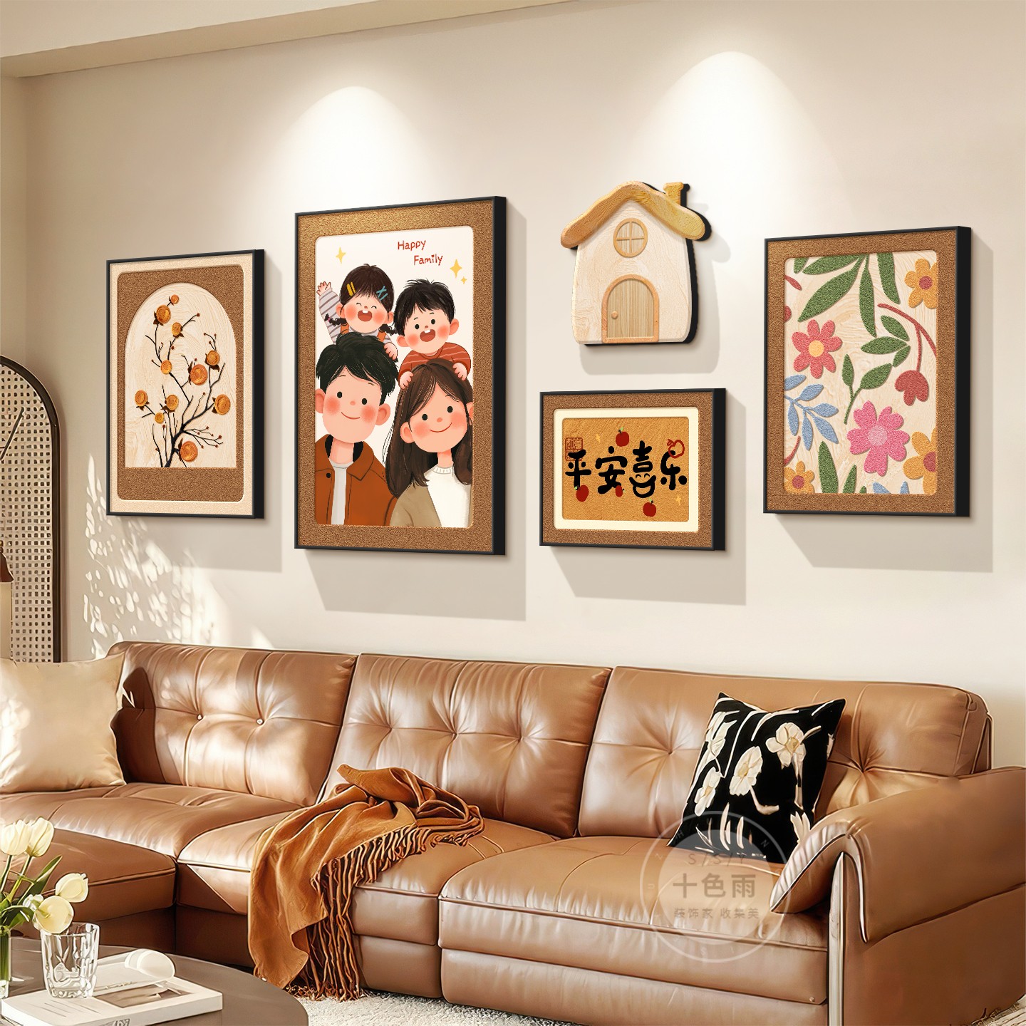 一家三四口客厅装饰画原木中古风沙发背景墙壁画法式复古组合挂画