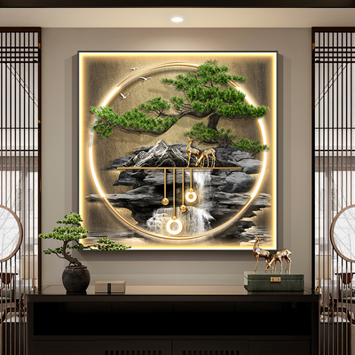 轻奢正方形玄关装饰画流水生财新中式走廊尽头挂画客厅背景墙壁画