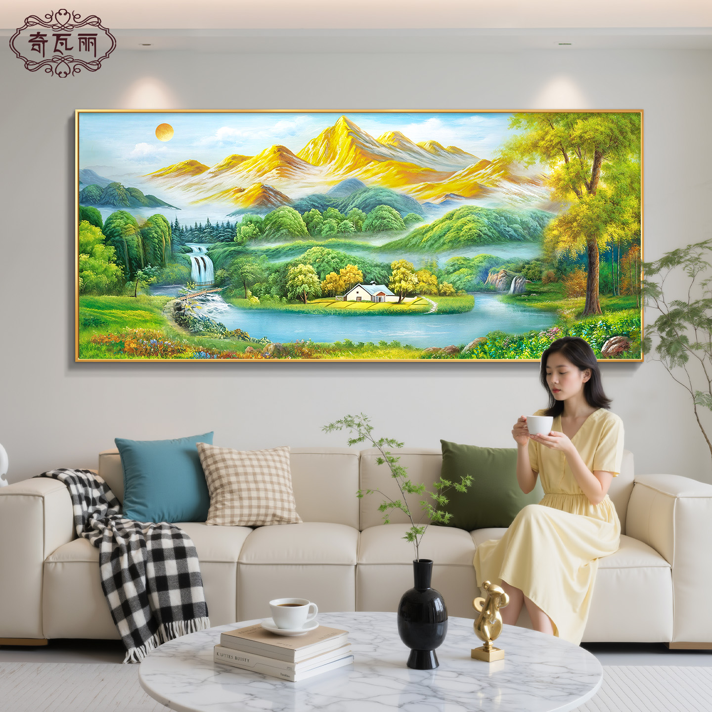 聚宝盆山水画客厅挂画日照金山沙发背景墙装饰画手绘油画招财壁画