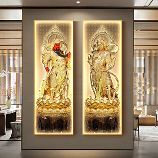 珈蓝护法佛像画神像带灯韦陀菩萨佛堂装饰画关羽关公寺庙背景壁画