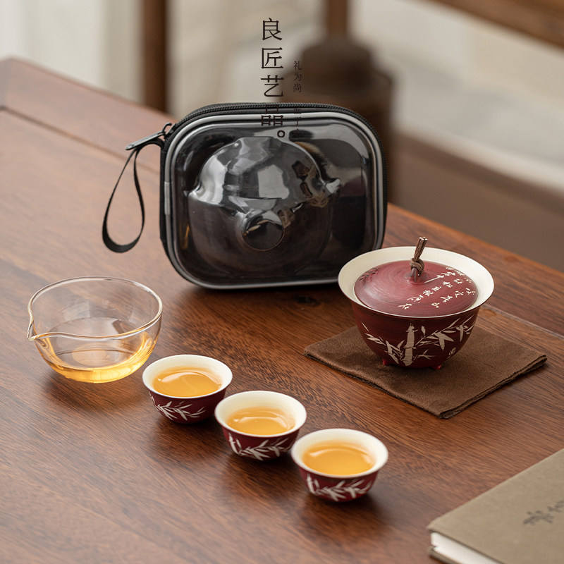 手绘山楂红盖碗套装商务伴手礼家用办公盖碗公杯陶瓷功夫茶具定制