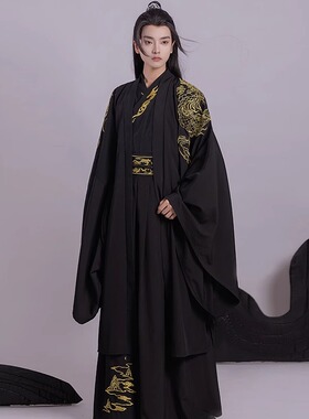 出租魏晋制男款绣花齐腰古风汉服武侠侠客装黑色学生话剧团建古装