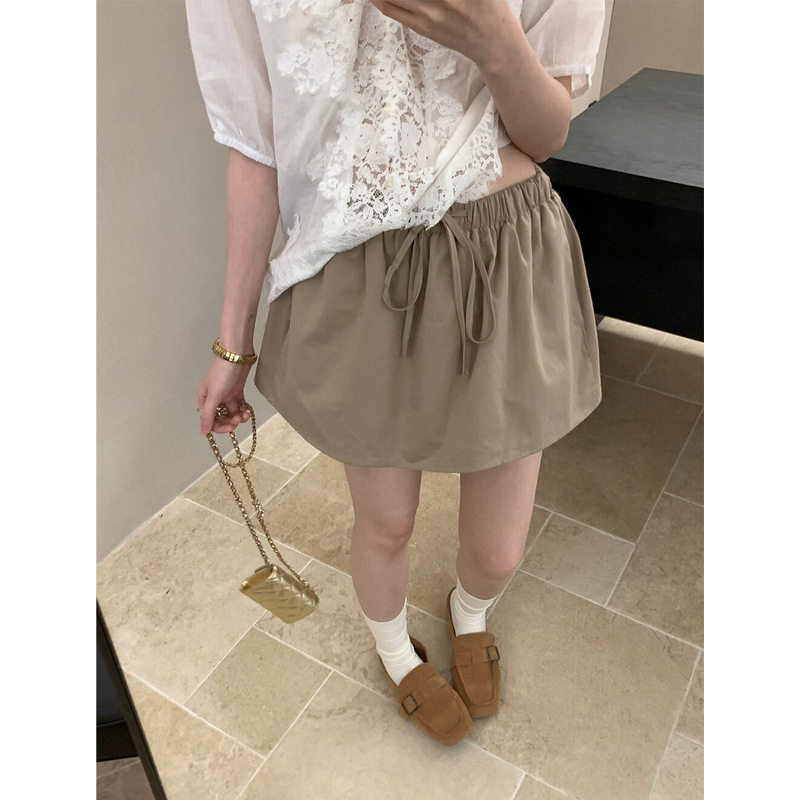卡其色松紧腰裙裤半身裙女夏韩版百搭简约花苞裙休闲系带短裙子