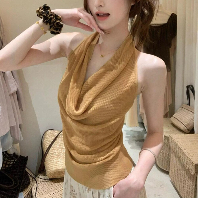 绝美橘色针织挂脖小吊带背心女夏季性感美背外穿内搭辣妹上衣