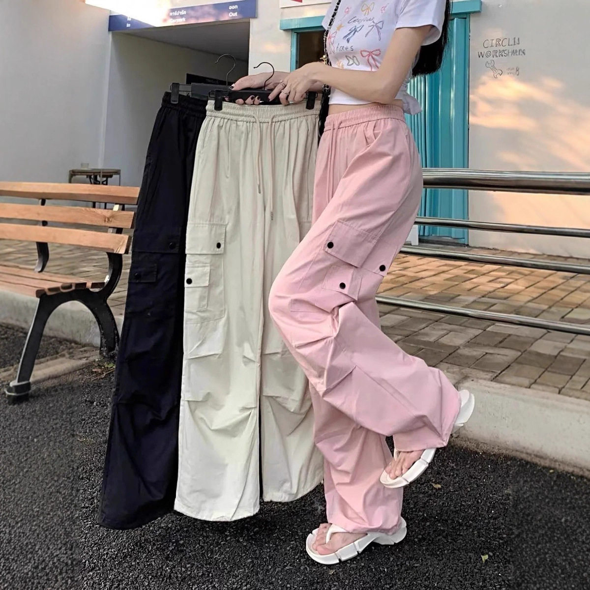 2025新款美式工装裤女小个子夏季薄款宽松休闲酷飒风多巴胺伞兵裤