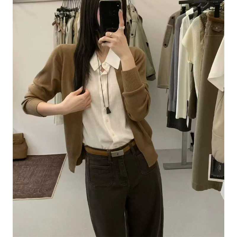 秋季新款法式学院风翻领针织亚麻拼接开衫女假两件老钱风上衣