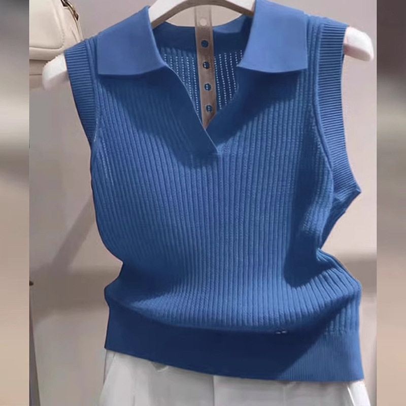 深蓝色简约翻领无袖针织背心女2025夏季新款凉感休闲通勤百搭上衣