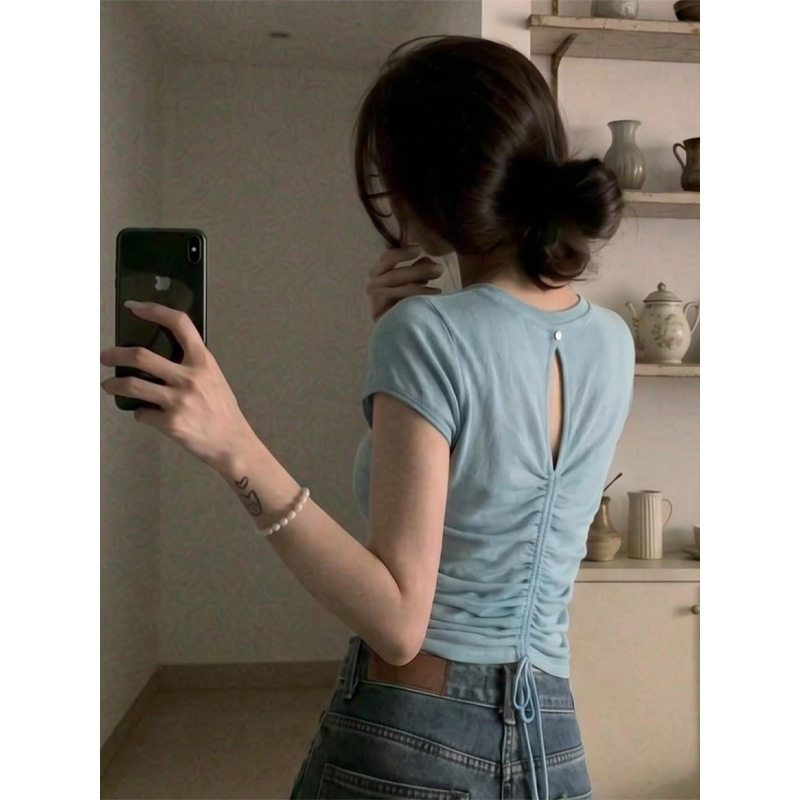 蓝色后背镂空抽绳正肩短袖T恤女夏季小个子设计感超好看短款上衣