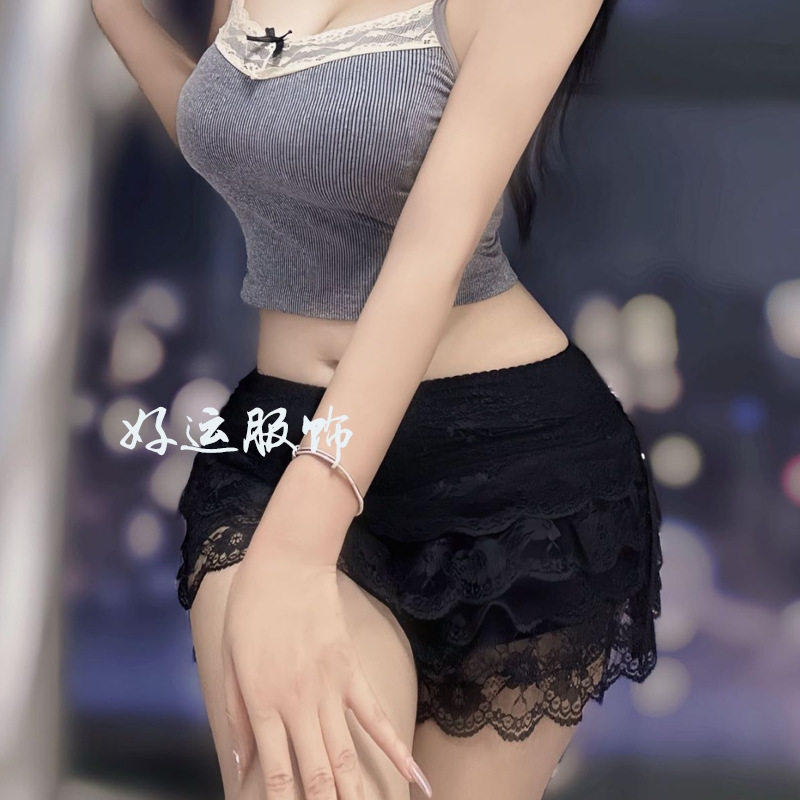 设计感芭蕾丝蝴蝶结丝带层层蕾丝蛋糕短裤女打底裙裤防走光安全裤