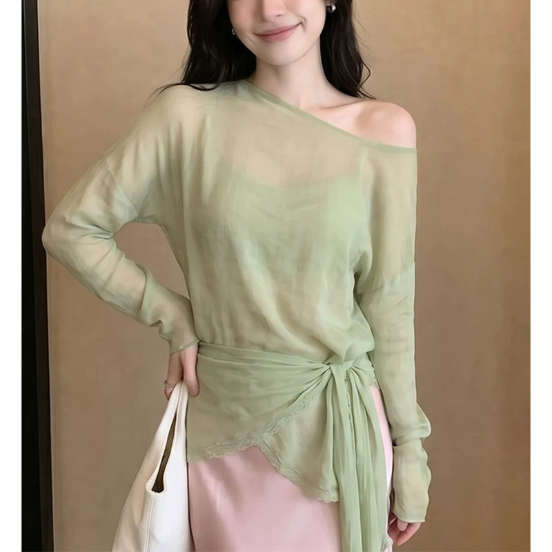 法式外搭绿色正肩长袖防晒t恤空调衫女夏季巨好看的宽松上衣罩衫