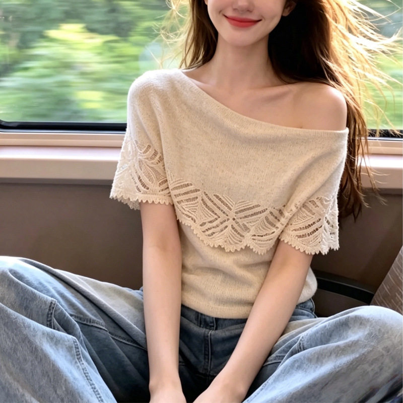 自留款推荐~镂空花边一字肩针织衫女夏季新款超好看漂亮显瘦上衣