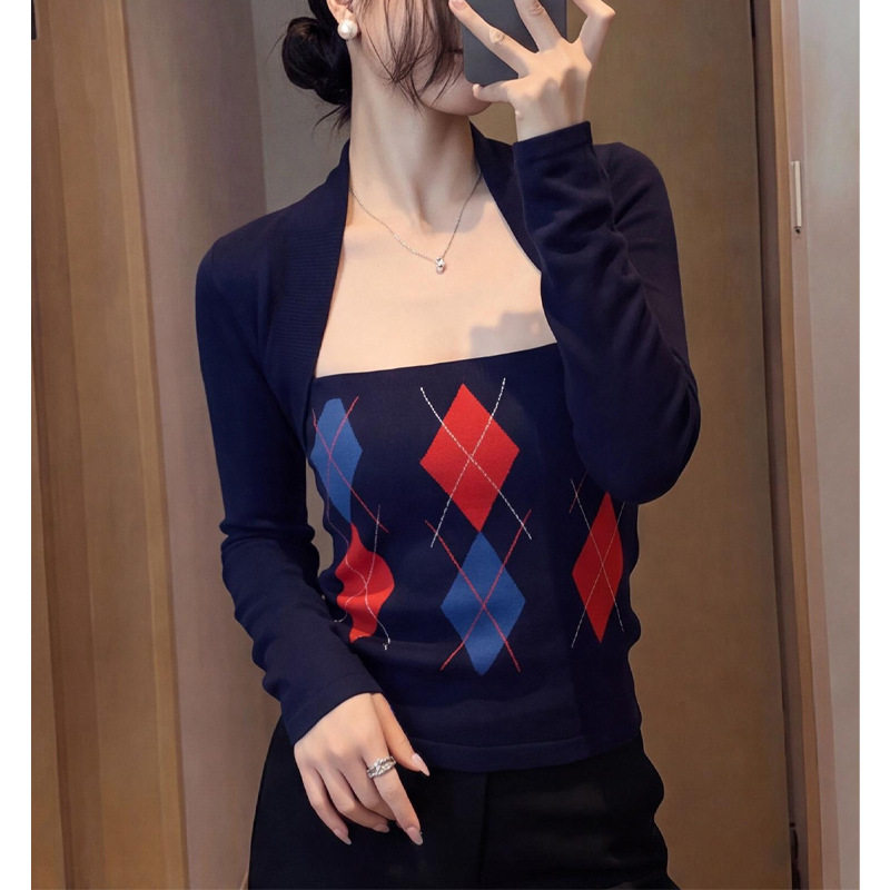 藏蓝色菱格假两件针织衫独特漂亮出片小衫女装秋季新款高级感上衣