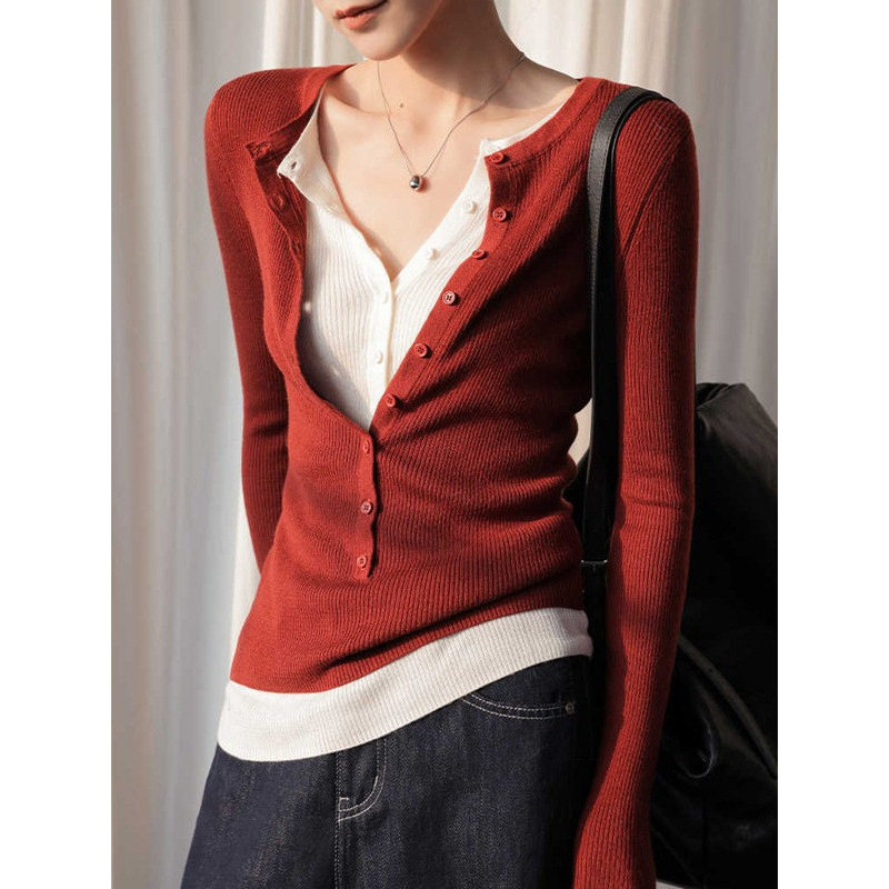 法式红色假两件针织上衣女春季2026新款修身显瘦超好看打底衫