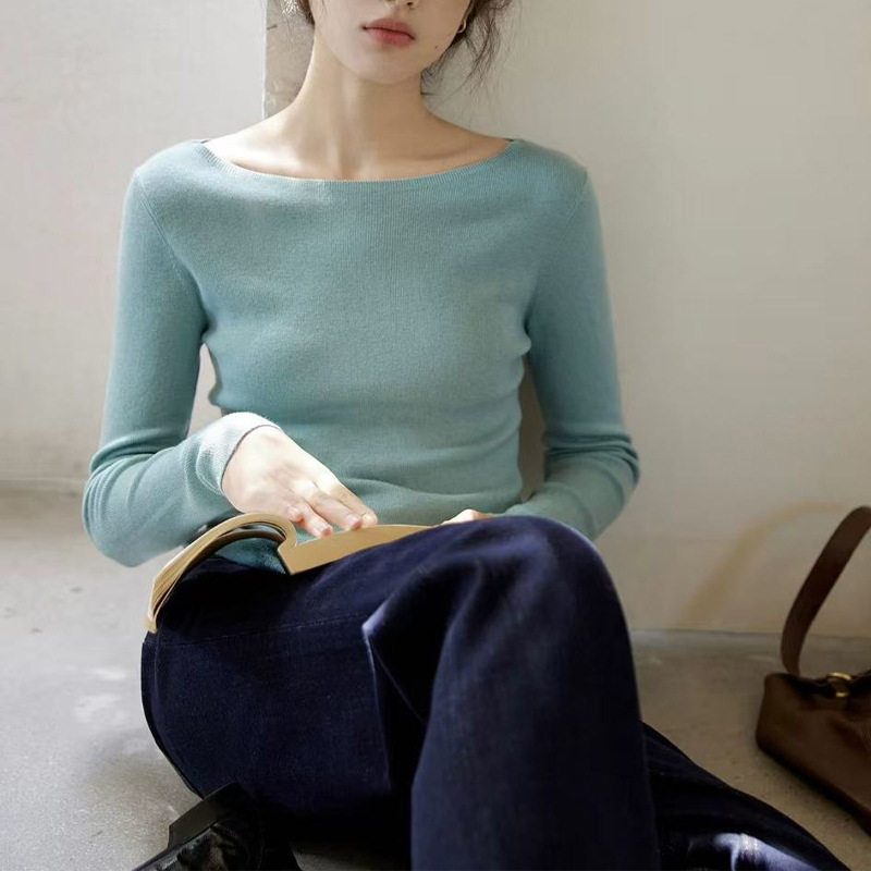 法式一字领针织打底衫女秋冬修身气质软糯系内搭毛衣长袖叠穿上衣