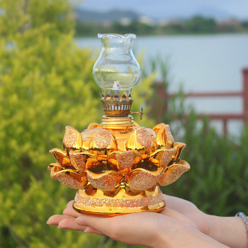 创意莲花酥油灯座老式用油煤油灯 怀旧复古老油灯 供佛长明灯油灯