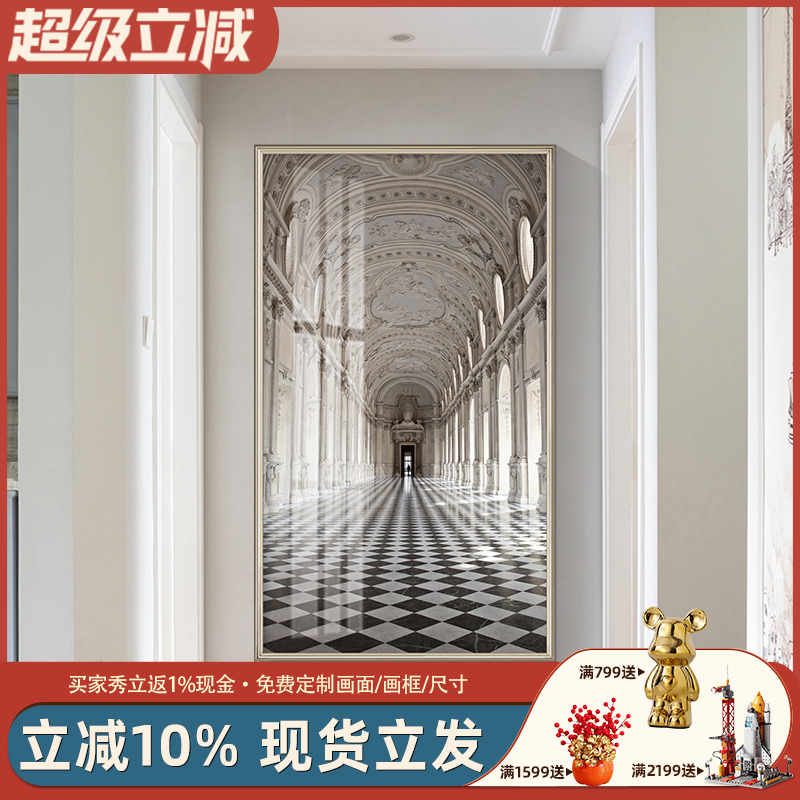 简美玄关装饰画竖版餐厅挂画楼梯挂画美式复古建筑客厅轻奢欧式画图片