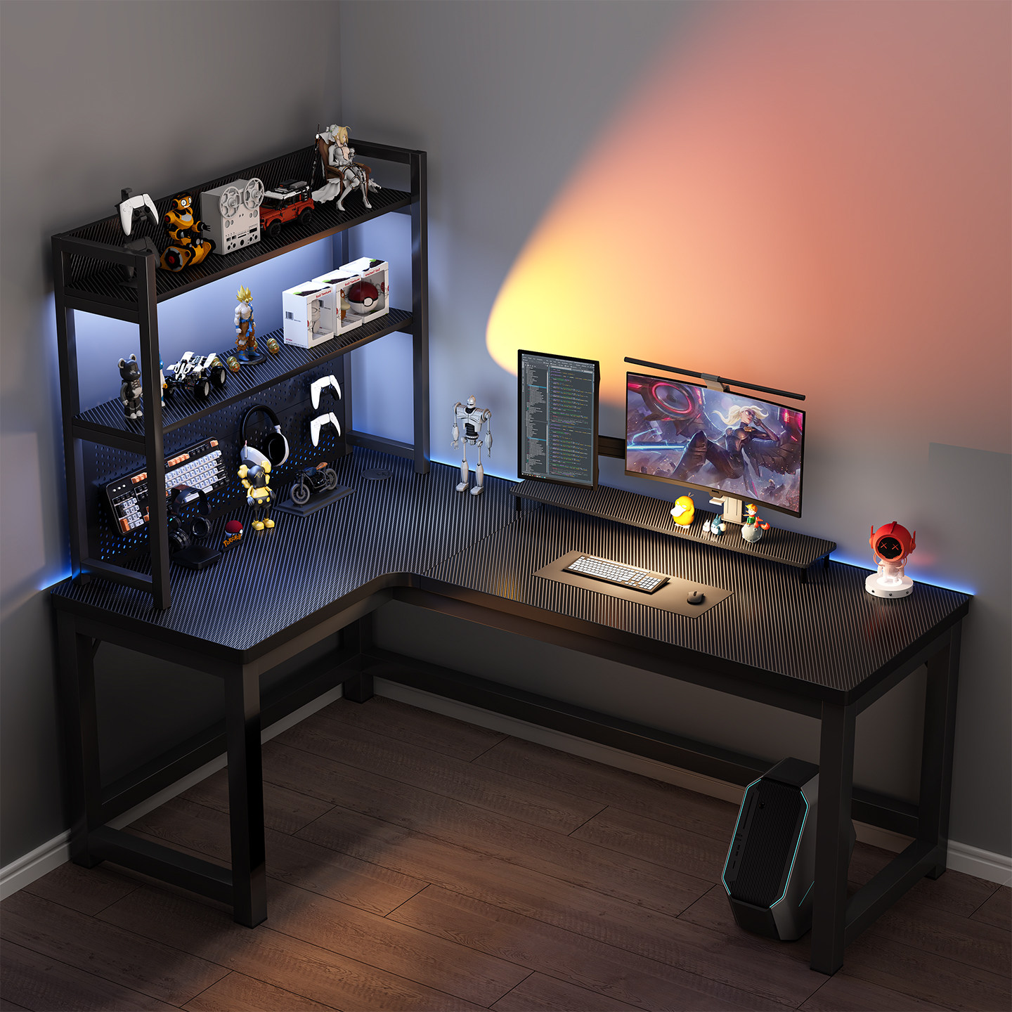 实木转角电脑桌卧室家用台式书桌书架一体双人电竞桌拐角办公桌子