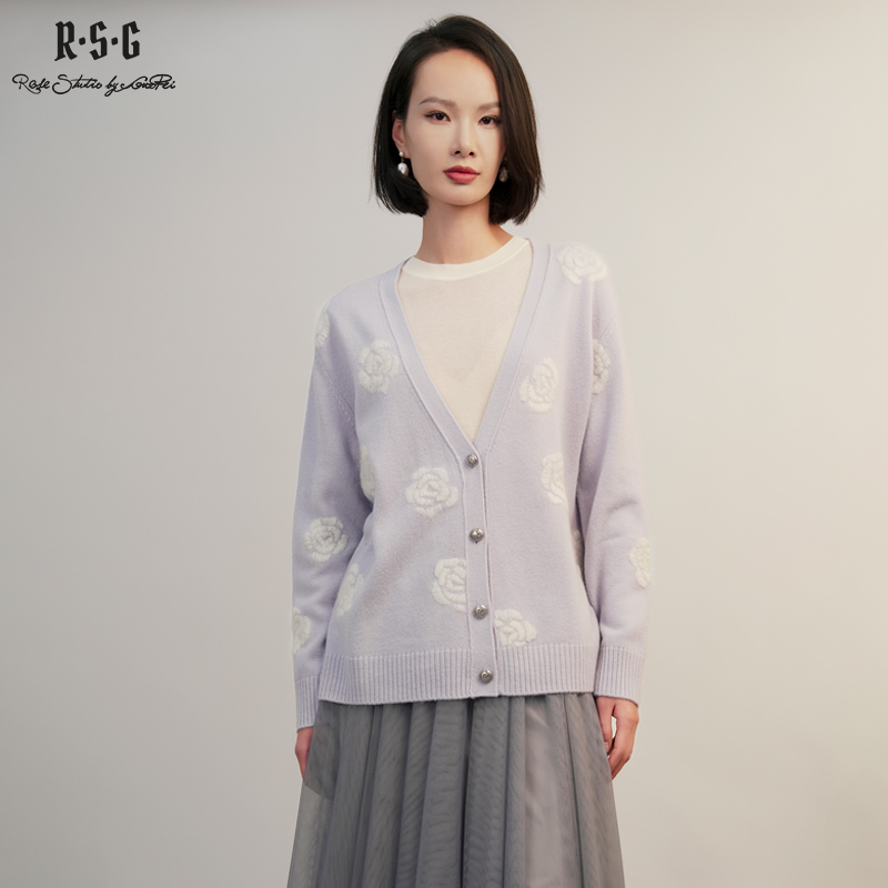 郭培成衣RSG2025秋冬新款「晴空玫瑰」提花V领针织开衫