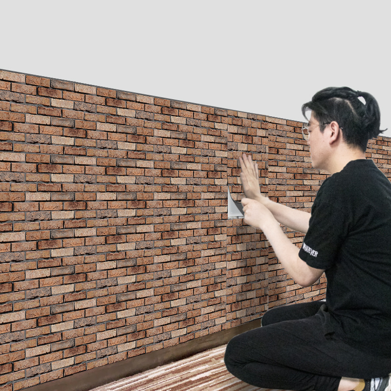 3D立体复古青砖墙纸自粘商用墙贴防水餐厅饭店墙围壁纸灰砖仿墙砖
