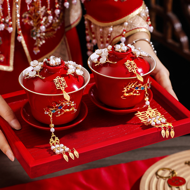 结婚敬茶杯婚礼改口红色茶具