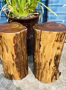 缅甸柚木墩根雕凳子茶桌凳木桩花台底座墩子高51直径20-24cm一对