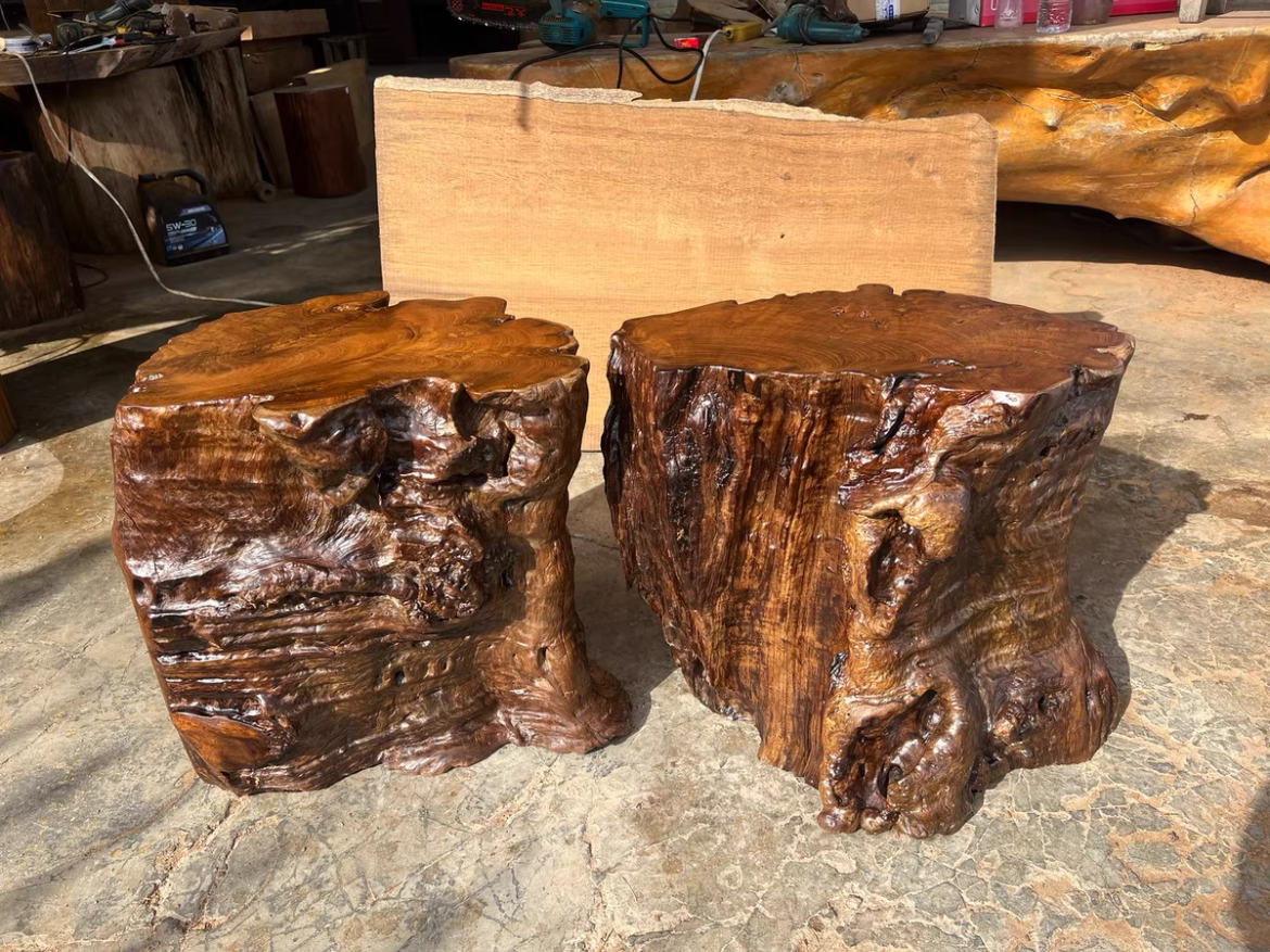 缅甸柚木墩实木根雕凳子茶桌木桩原木树墩圆墩子高45直径30-45