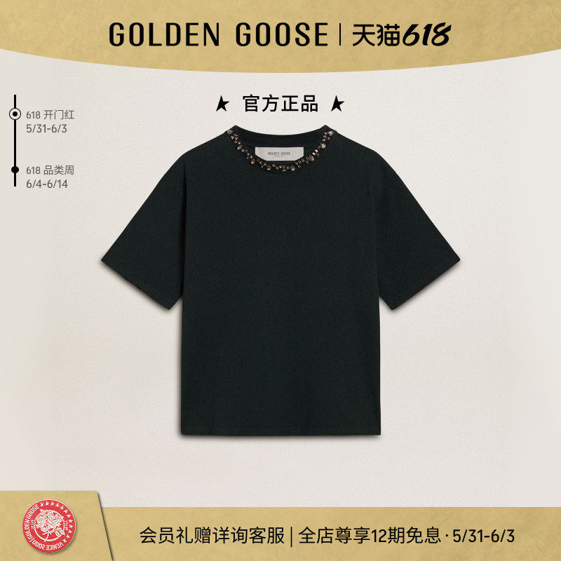 Golden Goose女士Golden仿水晶装饰黑色宽松休闲T恤