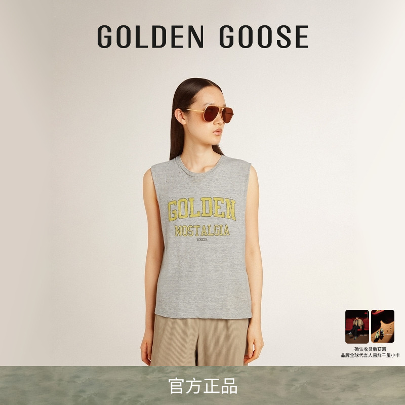 Golden Goose女士Journey系列黄色印花宽松休闲灰色无袖背心GGDB
