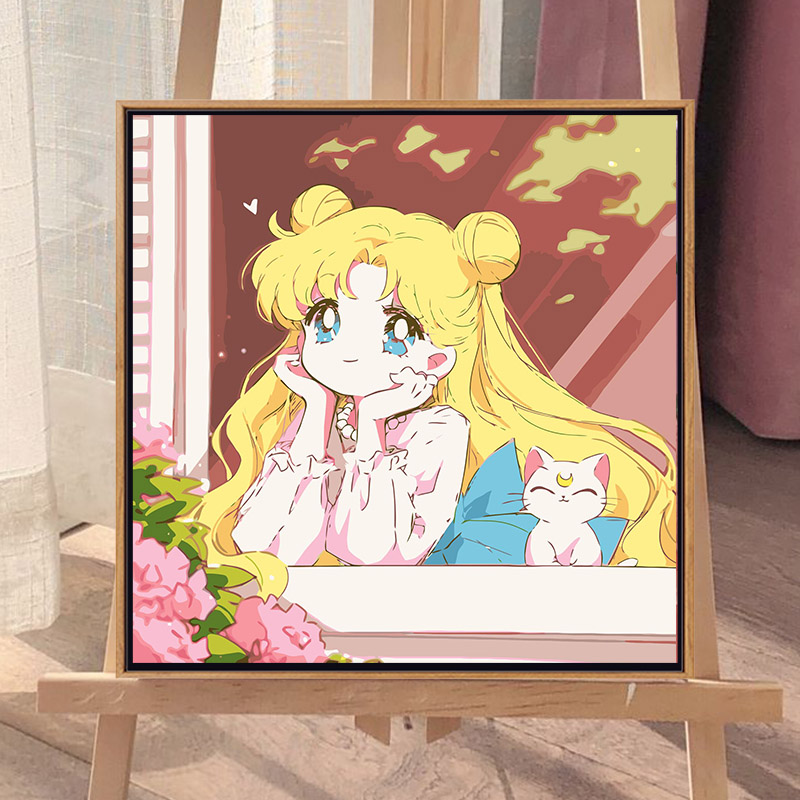 可爱美少女战士卡通动漫手绘diy数字油画手工填色炫彩丙烯装饰画图片
