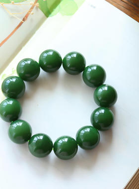 和田玉手串高品质玉石碧玉老坑菠菜绿浑圆大珠串20mm2天鉴赏期