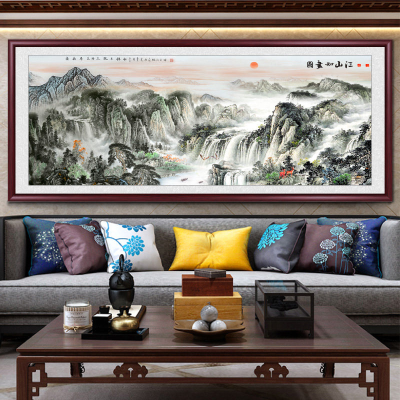 新中式山水画客厅挂画沙发背景墙装饰画办公室靠山图鸿运当头壁画