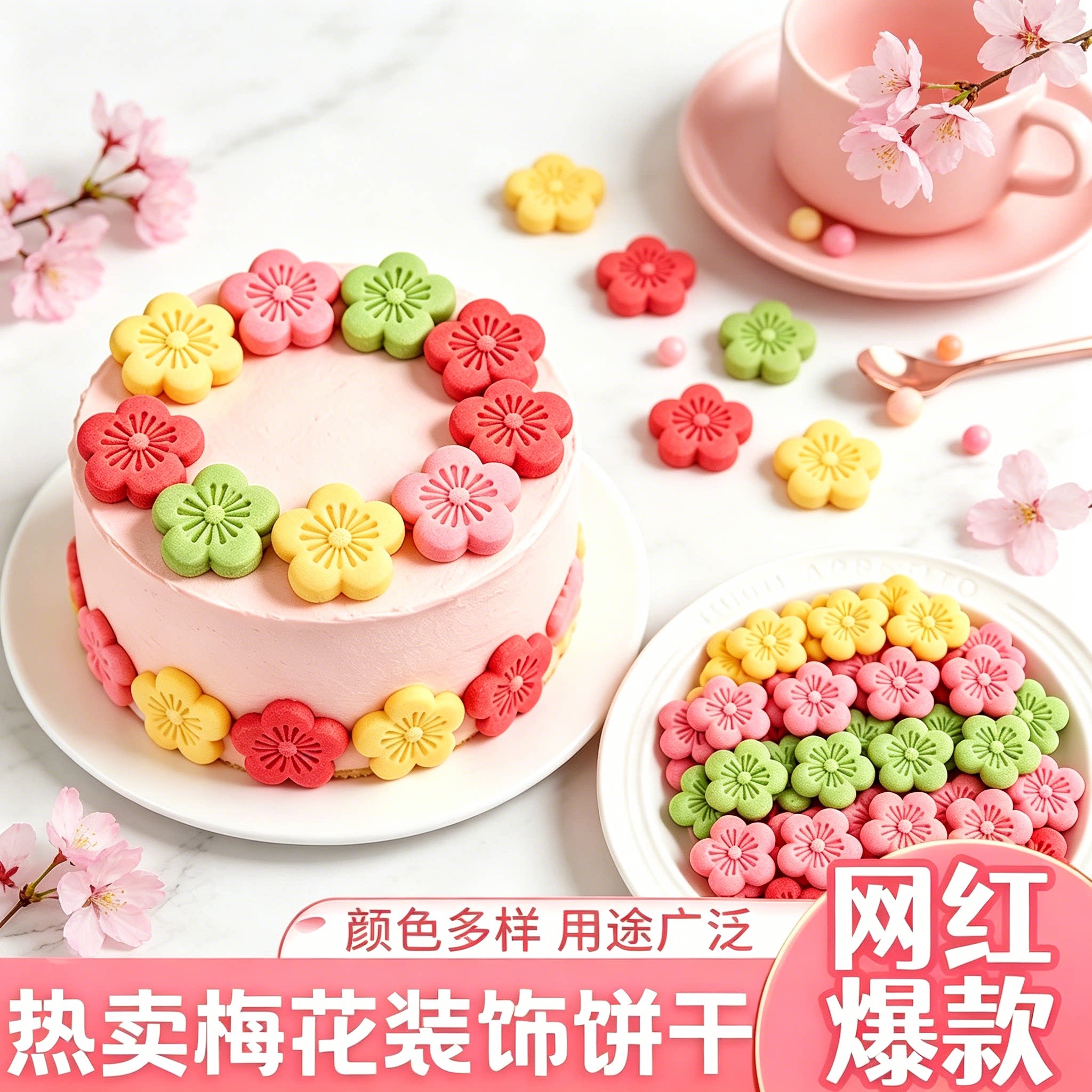 梅花饼干蛋糕装饰彩色花朵混合装摆件生日纸杯甜品烘焙点缀小料