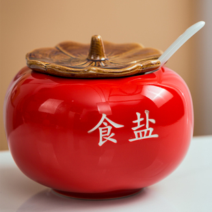 好柿长红陶瓷盐罐味精糖罐辣椒油罐耐高温调料罐自带标签餐厅定制