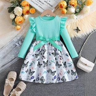 女童裙子2026秋季新款儿童连衣裙拼接洋气长袖公主印花碎花裙